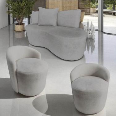 Imagem de Kit Namoradeira + 2 Poltronas Yara Orgânica Bouclé Cinza Claro - Mazze