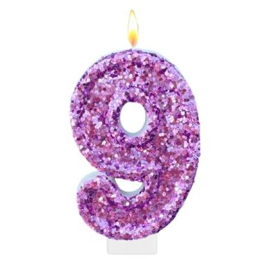 Imagem de Velas roxas de aniversário, número 9 para bolo, topo de bolo roxo com glitter, decorações de festa de aniversário de princesa, enfeite de cupcake, lembrancinhas de festa, suprimentos de decoração