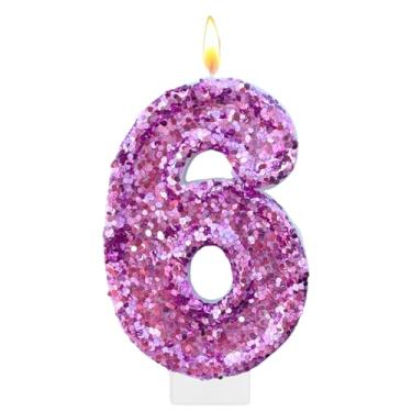 Imagem de Velas roxas de aniversário, número 6 para bolo, topo de bolo roxo com glitter, decorações de festa de aniversário de princesa, enfeite de cupcake, lembrancinhas de festa, suprimentos de decoração
