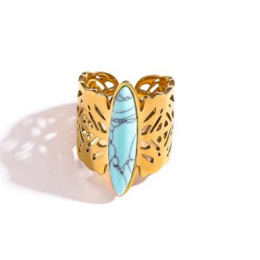 Imagem de Kokoma Anel turquesa feminino banhado a ouro 18 quilates geométrico oval anel ajustável anel aberto anel moderno joias de dedo ajuste confortável, Aço de titânio, Sem pedra preciosa