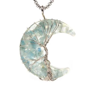 Imagem de Colar feito à mão com pingente de árvore da vida com pingente de resina e lua crescente, 56 cm, Pedra, Quartzo