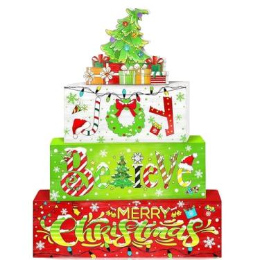 Imagem de 4 peças de decoração de mesa de madeira de Natal, decoração de bandeja em camadas, decoração de mesa de inverno, placa de centro de mesa rústica vermelha e verde, placas de bloco rústicas, presentes