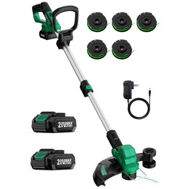 Imagem de KIMO Weed Wacker alimentado por bateria com 2 pilhas de 2,0Ah, aparador de cordas 2 em 1 e afiador com rodas, 10 peças de linhas de corte de substituição, linha de corte dupla face de 30 cm