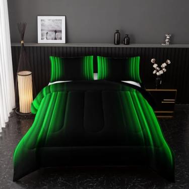 Imagem de Conjunto de cama queen verde e preto, abstrato, ombré, conjunto de cama para meninos adolescentes, conjunto de cama 3 peças em um saco, conjunto de colcha escura, decoração de arte leve, todas as