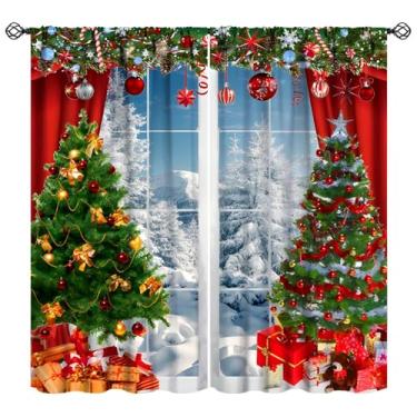 Imagem de Cortinas de Natal para sala de estar, presentes de árvore de Natal, Feliz Natal, abeto, galhos, bola, ano novo, estampa de festa de fim de ano, estampa de quarto, sala de estar, varão, bolso, cortinas