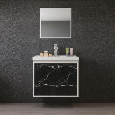 Imagem de Kit Armário para Banheiro 50cm MDF com Cuba + Espelheira - Bergamo (Preto)