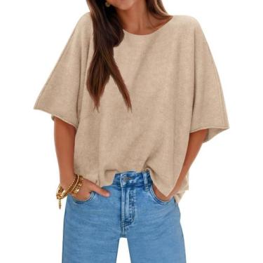 Imagem de Suéter feminino grande Cicy Bell, meia manga, tricotado cáqui