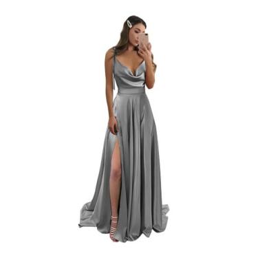 Imagem de Vestido de dama de honra Monvelli cinza acetinado longo com fenda tama