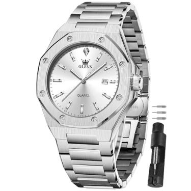 Imagem de OLEVS Relógio de pulso masculino de aço inoxidável, à prova d'água, luxuoso, com data, casual, azul/preto/dourado/prata Reloj para Hombre, Pulseira prata face prateada, Round, Relógio masculino casual