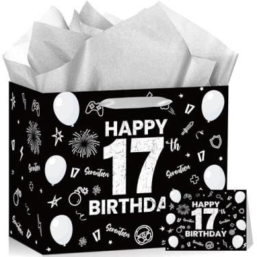 Imagem de Bolsa de presente de feliz aniversário de 10 anos para meninos e meninas, bolsa de presente com 10 dígitos, com papel de embrulho, preto, prata, decorações de aniversário de 10 anos, decoração de