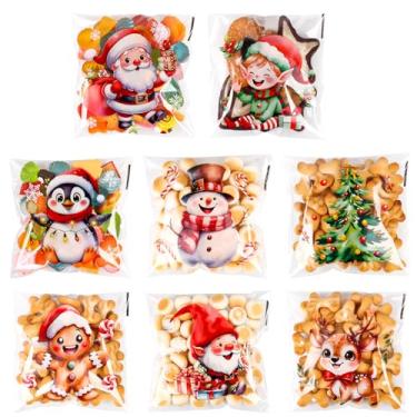 Imagem de FINGOOO Sacos de Natal pequenos de celofane, 240 peças, sacos autoadesivos transparentes de doces para lembrancinhas de festa de Natal, embrulhos de presente