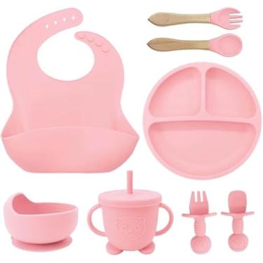 Imagem de Kit Introdução Alimentar para Bebê, 8 Peças, Prato e Bowl com Babador, Copo com Tampa e Canudo, 4 Talheres com Ponta de Silicone, Cabo de Madeira, Silicone Antitóxico