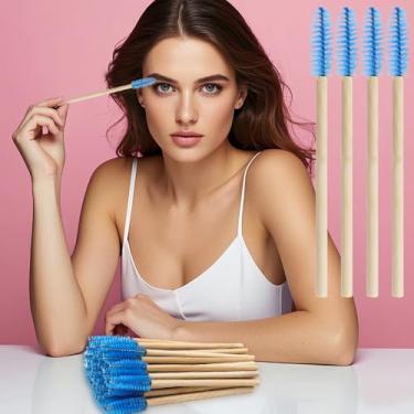 Imagem de 50 peças de varinhas de rímel descartáveis para escova de cílios para extensão de cílios e sobrancelhas bastão de bambu (azul)