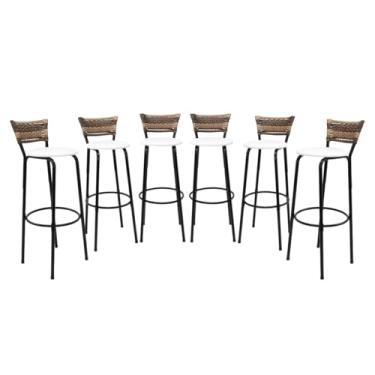 Imagem de Kit 6 Banquetas Altas 80cm Estrutura Preta Encosto Junco Cappuccino Ideal P/Bancada Cozinha Americana Bares Balcão Itagold (Assento Branco)