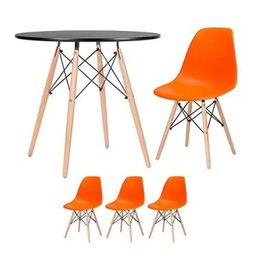 Imagem de Loft7, Kit - Mesa redonda Eames 80 cm preto + 3 cadeiras Eiffel Dsw Laranja