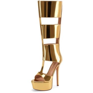 Imagem de Perisis Sandálias gladiadoras plataforma até o joelho para mulheres sexy aberto peep toe salto alto stiletto moda verão vestido festa dança botas com zíper, Patente de ouro, 36