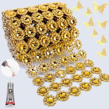 Imagem de Yhsheen Tecido de malha de strass dourado, 10 cm x 3 jardas 6 linhas, rolo de fita brilhante para artesanato, acabamento de fita para mãe com botões 3D, 12 peças