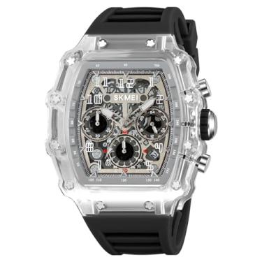 Imagem de MASTOP Relógios masculinos modernos vazados Tonneau crânio transparente, mostrador analógico, pulseira de silicone, cronógrafo, calendário, quartzo, impermeável, tendência, relógio de pulso masculino