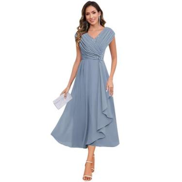 Imagem de Vestido Mãe da Noiva CDSSL com decote em V e manga curta em chiffon