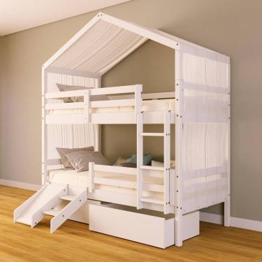 Imagem de Beliche Solteiro Casinha com Gavetas Cortina Grade Proteção e Kit Escada/Escorregador Madeira Maciça Branco Megamobilia