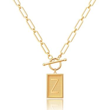Imagem de Robaice Colar feminino banhado a ouro 14K, pingente de alfabeto personalizado com gravação inspiradora, corrente de clipe de papel, joia que não mancha, presente para ela, 18'' + 2'' extender, Metal
