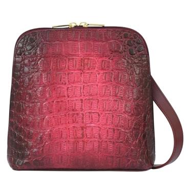 Imagem de Anuschka Bolsa feminina de couro pintada à mão com zíper pequeno 7602, vinho em relevo crocodilo