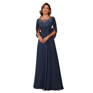 Imagem de Vestido Mãe da Noiva RUMUGUYA Azul Marinho Chiffon A Line