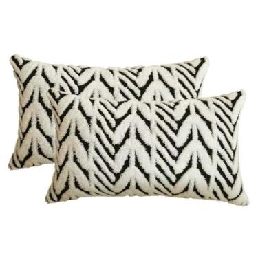 Imagem de AVOIN colorlife Capas de almofada bege com listras pretas, 30,5 x 50,8 cm de pelúcia macia, jacquard para decoração de quarto, férias, casa, sofá, sofá, conjunto de 2