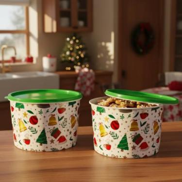 Imagem de Pote Plastico Natal 2 Litros 2 Unidades Porta Mantimentos Doces Biscoitos Estampa decorada(2 Potes Natal Branco)