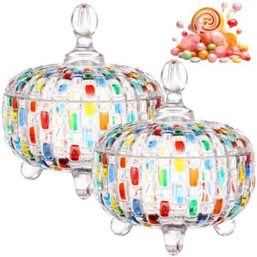 Imagem de 2 potes de vidro pintados à mão com tampas, recipientes decorativos de armazenamento de cristal, tigelas coloridas para chocolates, biscoitos, nozes, joias, aperitivos