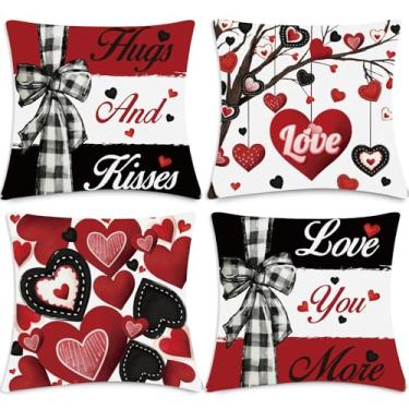 Imagem de InIsaJace Capas de almofada de dia dos namorados 45 x 45 cm, 4 peças de capas de almofada de abraços e beijos para o dia dos namorados, decoração estética de corações e amor, decoração de sofá para