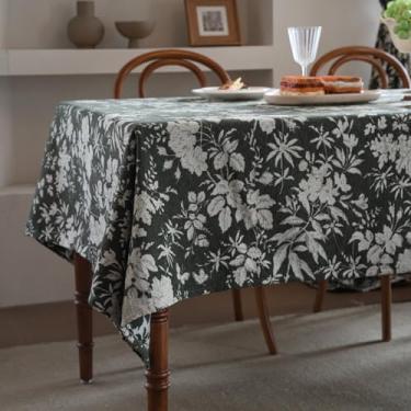 Imagem de Toalha de mesa floral para mesa retangular rústica de tecido de fazenda toalha de mesa vintage com bordado jacquard sem vincos pano lavável para cozinha, casa, festa, decoração verde escuro 140 x 160