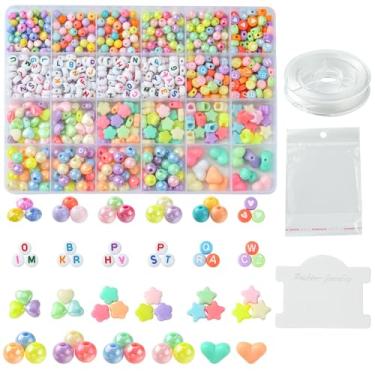 Imagem de MakemadeDIY 984 peças de kit de fabricação de pulseiras coloridas fofas, incluindo 11 cores, letras redondas, coração de estrela, contas de acrílico e fio elástico para joias, colares, brincos