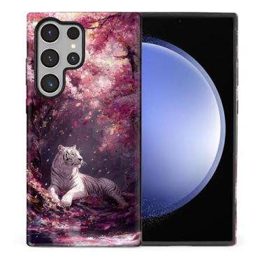 Imagem de CARLOCA Compatível com Samsung Galaxy S24 Ultra Full Body Protective Glossy Case para meninas meninos à prova de choque estética padrão branco tigre deitado flor de cerejeira floresta