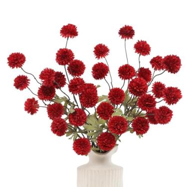 Imagem de DuHouse 6 peças de flores artificiais de seda sintética, mini bola de crisântemo de seda pequena com hastes para buquês de bricolage, vaso de mesa, decoração de cozinha (vermelho)