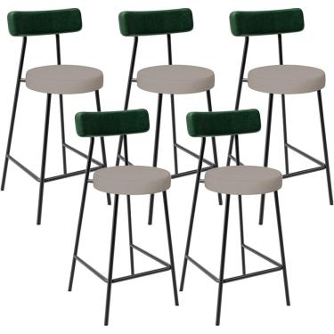 Imagem de Kit 05 Banquetas Baixa Cozinha E Sala Jantar Bancada Milão L02 Facto Verde Linho Bege - Lyam Decor