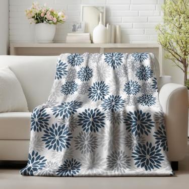 Imagem de Horaldaily Manta de flanela azul cinza prata dália pinnata, cobertor de lã aconchegante de pelúcia floral de inverno para sofá, cama, presente ideal para crianças e adultos, 127 x 152 cm
