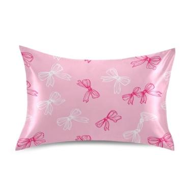 Imagem de SEHANY Capas de almofada de seda com laço rosa para cabelo e pele, capas de almofada de cetim respiráveis macias e refrescantes com fecho de envelope, tamanho king (50 x 76 cm)