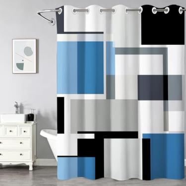 Imagem de KINUUIS Cortina de chuveiro azul sem gancho, azul preto branco moderno listrado cortinas de chuveiro para banheiro, tecido geométrico impermeável lavável cortina de banheiro, 71 x 74