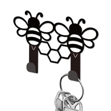 Imagem de DELORIGIN Porta-chaves de abelha fofo para parede, mini ganchos pretos de ferro, suporte para chaves montado na parede com 2 ganchos, suporte pequeno para chave de casa, porta de entrada, corredor