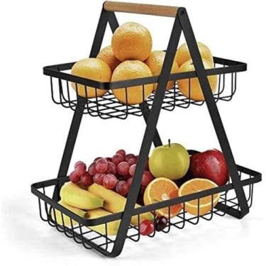 Imagem de Fruteira de Aço e Madeira com 2 Níveis – Organizador de Frutas e Vegetais para Cozinha, Compacta e Versátil (Preto)