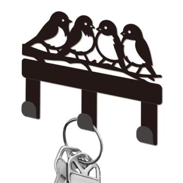 Imagem de DELORIGIN Uma fileira de pássaros porta-chaves para parede, mini ganchos pretos de ferro, suporte para chaves montado na parede com 3 ganchos, suporte pequeno para chave de casa, porta de entrada