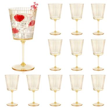 Imagem de SHIQIKEJIPTY 12 peças de taças de vinho de plástico com nervuras douradas de 382 g taças de vinho com nervuras destacáveis, copos elegantes canelados, estilo vintage para festas de casamento