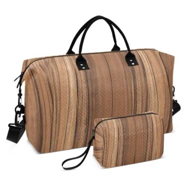 Imagem de WELLDAY Grande bolsa de viagem dobrável, bolsa de ginástica impermeável para homens e mulheres, bolsa de mão de fim de semana, estampa de madeira teca