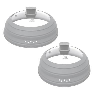 Imagem de Pacote com 2 tampas de proteção contra respingos de micro-ondas com silicone dobrável para prato de panela de alimentos 21,6 cm e 24,9 cm cinza, tampa alta e tampa de tamanho padrão