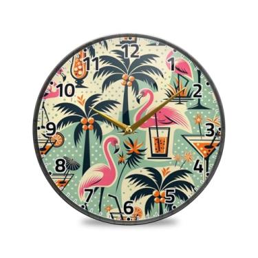 Imagem de WELLDAY Relógio de parede sem tique-taque 30,5 cm – árvores tropicais, flamingos, bebidas, quartzo operado por bateria, relógio redondo silencioso para casa/escritório/cozinha/sala de aula