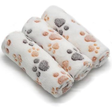 Imagem de 1 pacote com 3 cobertores pequenos para filhotes, tapete de dormir super macio e quente, cobertor de flanela de lã premium para cães e gatos - estampa de pata branca pequena (58 cm x 38 cm)