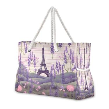 Imagem de Wassud Bolsa de praia Torre Eiffel lavanda (2) bolsas de praia grandes para mulheres, à prova d'água, à prova de areia, bolsa de viagem com zíper e bolso para piscina, academia, acampamento