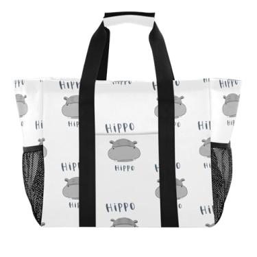 Imagem de Wassud Linda bolsa de compras reutilizável para hipopótamos cinza grande bolsa organizadora de lona impermeável para praia, piquenique, lavanderia, viagem