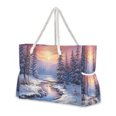 Imagem de Wassud Bolsa de praia com paisagem, original, de inverno, grande, para mulheres, impermeável, à prova de areia, bolsa de viagem com zíper e bolso para piscina, academia, acampamento